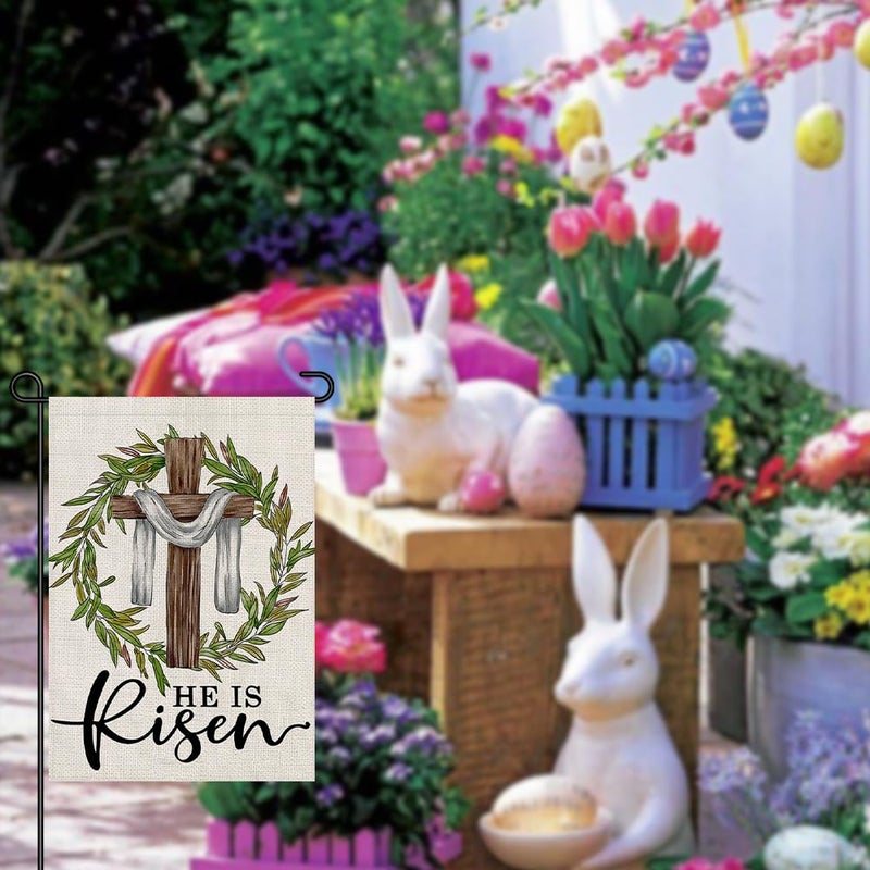 Decorhua He Is Risen Easter Garden Flag 12x18 Inch Double Sided Burlap, Cross Wreath Sign Small Yard Outside Decoration DF443 - Image 4