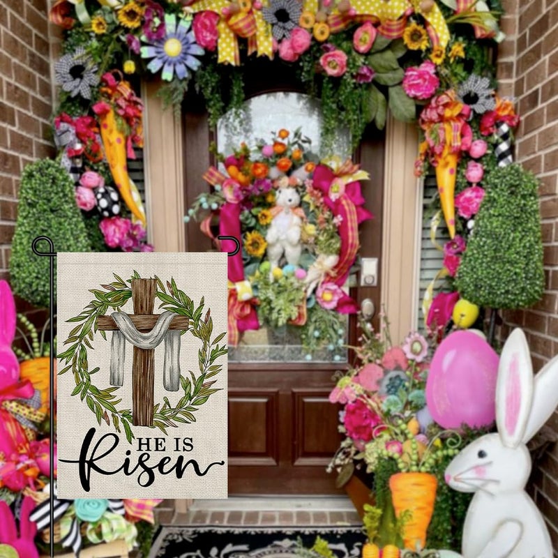 Decorhua He Is Risen Easter Garden Flag 12x18 Inch Double Sided Burlap, Cross Wreath Sign Small Yard Outside Decoration DF443 - Image 5