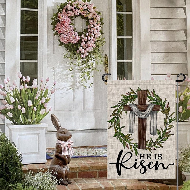 Decorhua He Is Risen Easter Garden Flag 12x18 Inch Double Sided Burlap, Cross Wreath Sign Small Yard Outside Decoration DF443 - Image 2