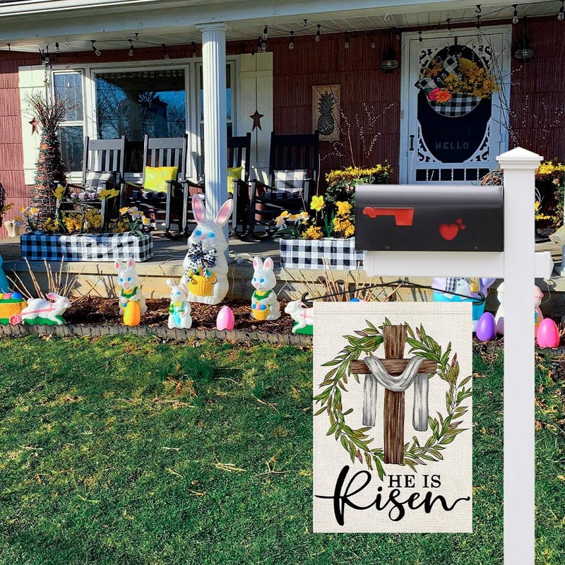 Decorhua He Is Risen Easter Garden Flag 12x18 Inch Double Sided Burlap, Cross Wreath Sign Small Yard Outside Decoration DF443 - Image 3