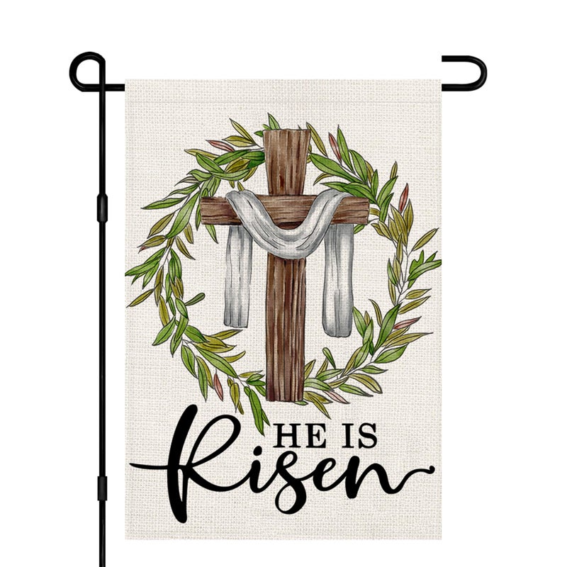 Decorhua He Is Risen Easter Garden Flag 12x18 Inch Double Sided Burlap, Cross Wreath Sign Small Yard Outside Decoration DF443 - Image 1