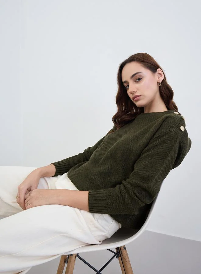 Styli Olive Green Button Detail Sweater