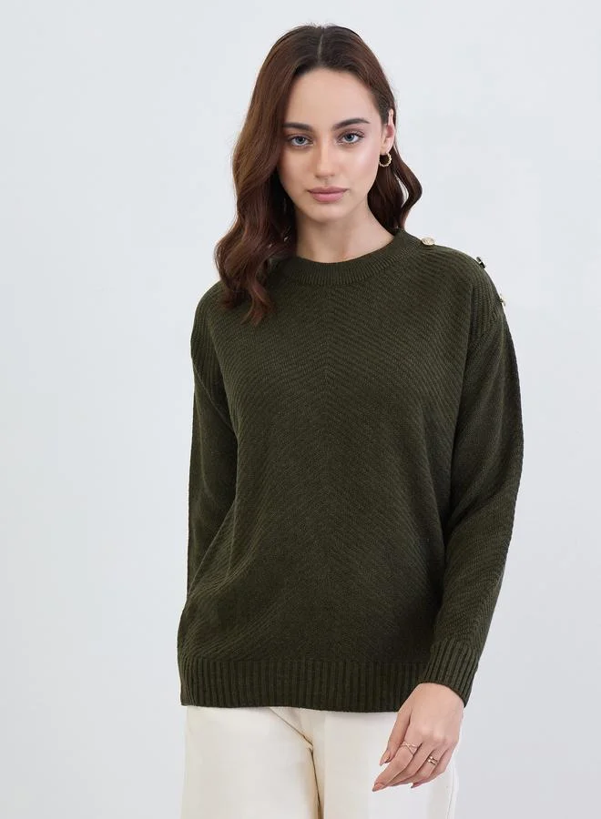 Styli Olive Green Button Detail Sweater