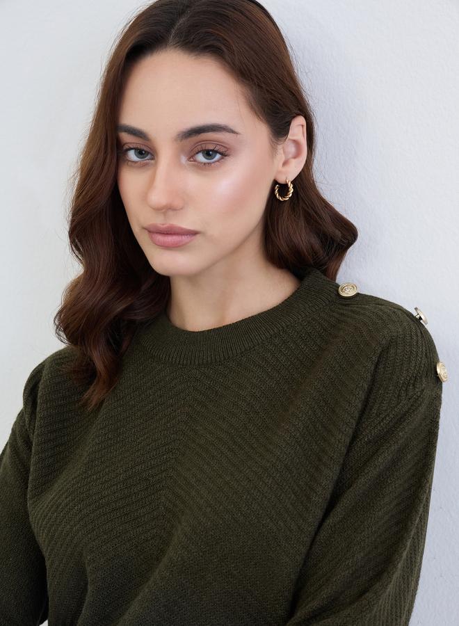 Styli Olive Green Button Detail Sweater - Image 4