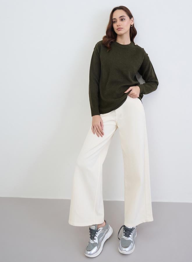 Styli Olive Green Button Detail Sweater - Image 2