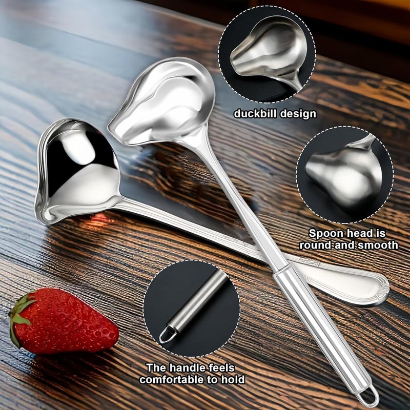 SYOSI 2 Pack Stainless Steel Duckbill Sauce Ladle, Long Handle Gravy and Soup Spoon with Pouring Spout, Rust Resistant Polished Ladle Set for Serving Sauces, Soups, Dressings, and Gravies - Image 3