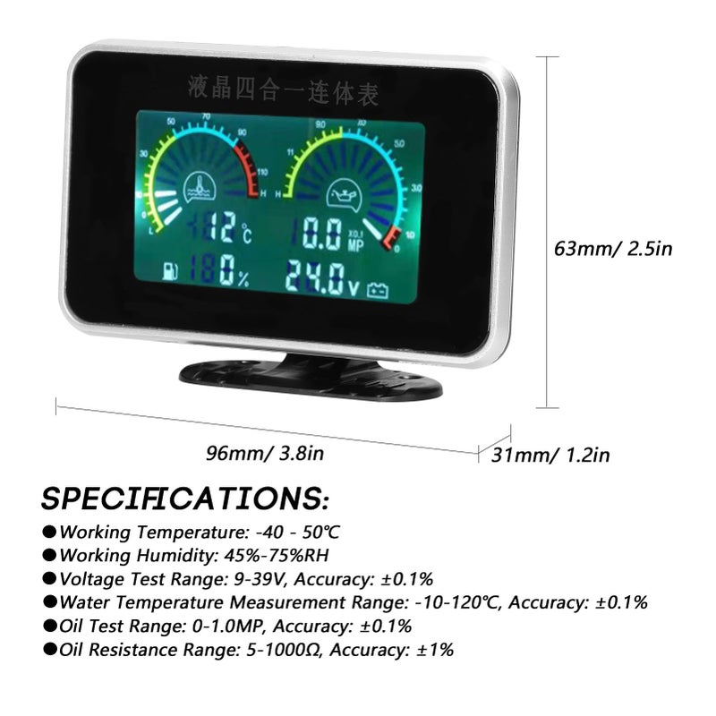 4-In-1 Car Instrument Black LCD Digital Meter - Ultra-Wide 40V Voltage Support Anti-Shake Oil Level Display For Car Monitoring - Image 4