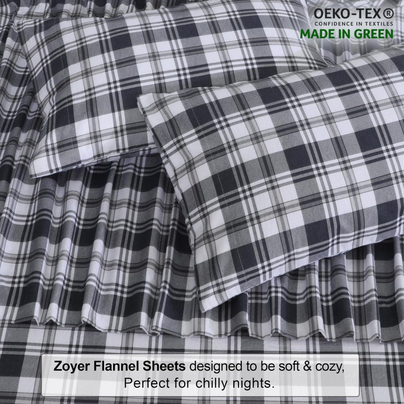ZOYER Flannel Sheets Queen Size - 100% Cotton Double Brushed Bed Sheets, Deep Pockets 16 Inches Queen Sheet Set, All Seasons Breathable & Extra Soft - Warm & Cozy, 4 Piece, Carbon Grey Plaid - Image 4