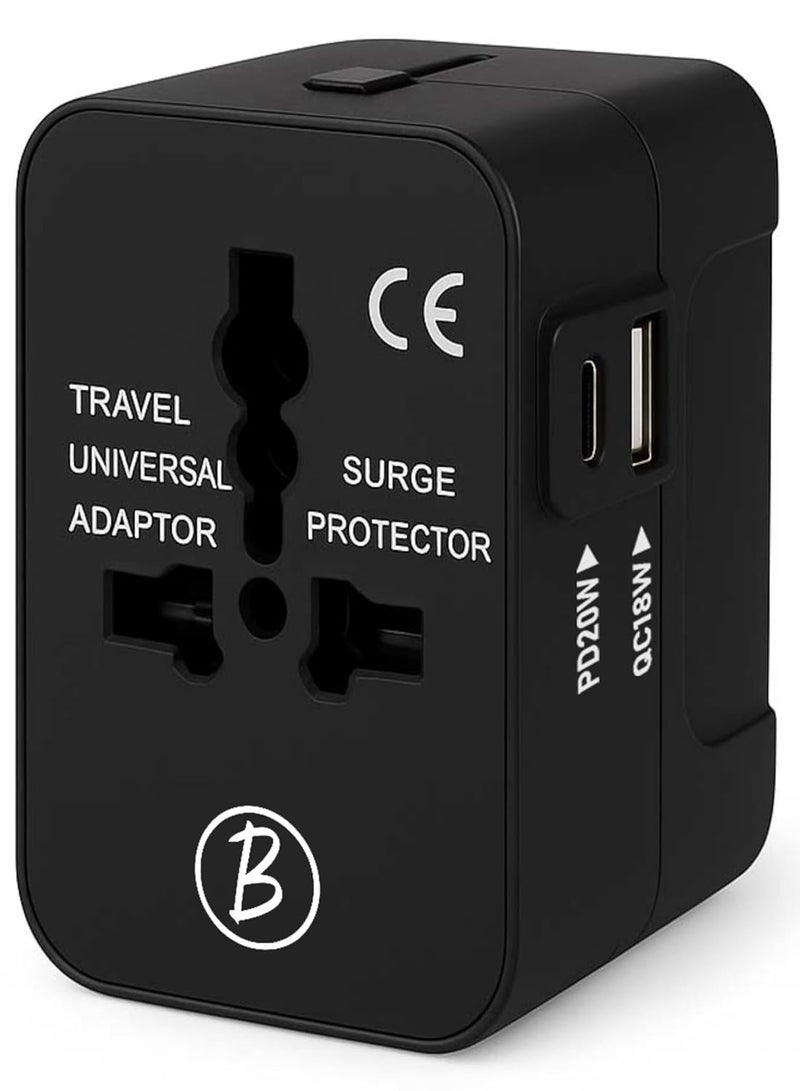 Btag Universal Travel Adapter All in One Worldwide, Travel Adapter USB Ports with Multi Type Power Outlet (QC18W-PD20W,100-240) Voltage (Black) - Image 1
