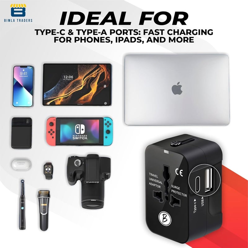 Btag Universal Travel Adapter All in One Worldwide, Travel Adapter USB Ports with Multi Type Power Outlet (QC18W-PD20W,100-240) Voltage (Black) - Image 5