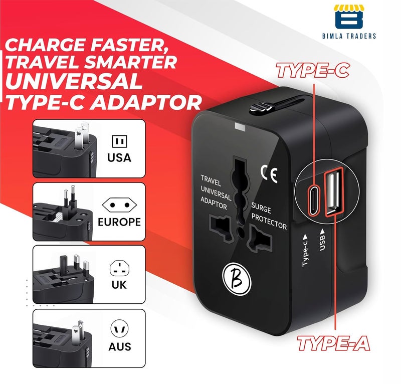 Btag Universal Travel Adapter All in One Worldwide, Travel Adapter USB Ports with Multi Type Power Outlet (QC18W-PD20W,100-240) Voltage (Black) - Image 2