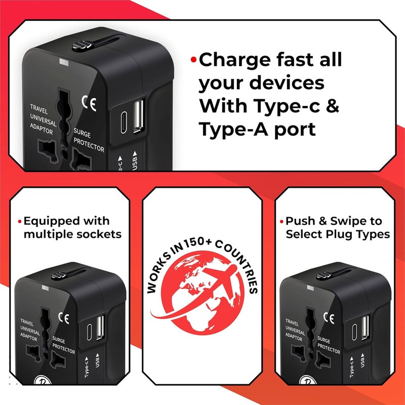 Btag Universal Travel Adapter All in One Worldwide, Travel Adapter USB Ports with Multi Type Power Outlet (QC18W-PD20W,100-240) Voltage (Black) - Image 3