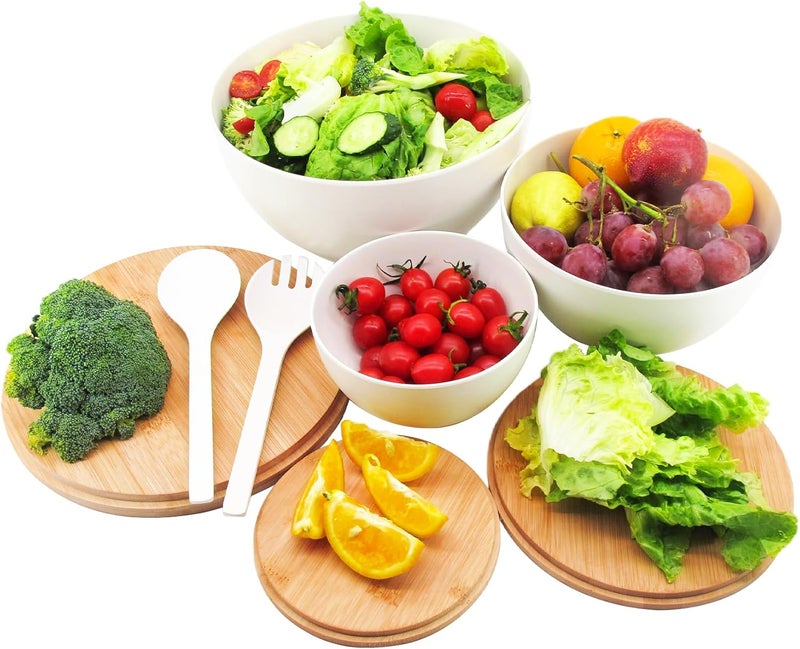 ECOWAY طقم أطباق سلطة من 3 مع غطاء وأدوات تقديم من ألياف الخيزران أطباق خلط كبيرة طقم تخزين مع غطاء من الخيزران للسلطة مطبخ تناول المعكرونة الفشار الرقائق الفواكه أبيض - Image 2