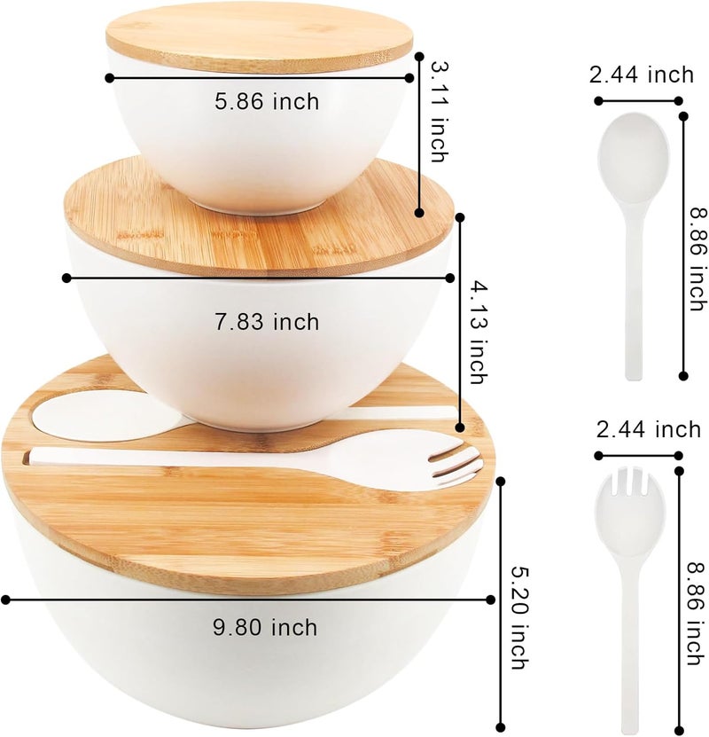ECOWAY طقم أطباق سلطة من 3 مع غطاء وأدوات تقديم من ألياف الخيزران أطباق خلط كبيرة طقم تخزين مع غطاء من الخيزران للسلطة مطبخ تناول المعكرونة الفشار الرقائق الفواكه أبيض - Image 5