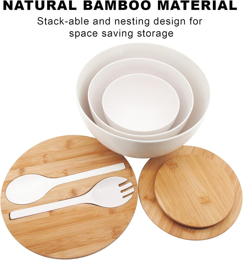 ECOWAY طقم أطباق سلطة من 3 مع غطاء وأدوات تقديم من ألياف الخيزران أطباق خلط كبيرة طقم تخزين مع غطاء من الخيزران للسلطة مطبخ تناول المعكرونة الفشار الرقائق الفواكه أبيض - Image 4