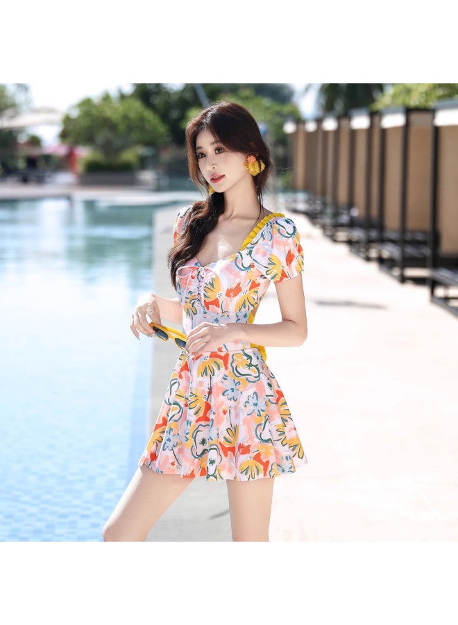 F.dyraa Women's Swimsuit Slimming Conservative One-piece Skirt Three-piece Set For Hot Spring Vacation Swimming 15155 Yellow 2XL - Image 1