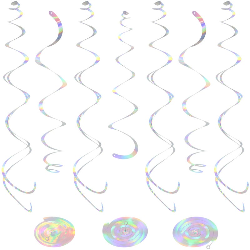 PatiCool 24 PCS Iridescent Hanging Swirl, Shinny Holographic Ceiling Decorations, Plastic Streamer Party Decorations with Double-Swirls and Single-Swirls for Birthday Decorations, Wedding, Baby Shower - Image 1
