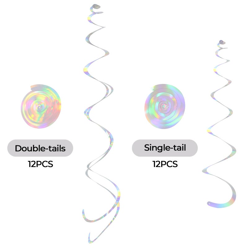 PatiCool 24 PCS Iridescent Hanging Swirl, Shinny Holographic Ceiling Decorations, Plastic Streamer Party Decorations with Double-Swirls and Single-Swirls for Birthday Decorations, Wedding, Baby Shower - Image 2