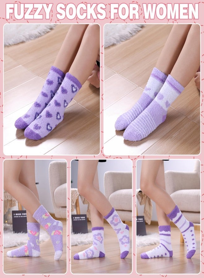 LANLEO Fuzzy Socks for Women Fluffy Slipper Winter Warm Soft Cozy Microfiber Plush Sleeping Heart Socks 5 Pairs Purple Heart - Image 4
