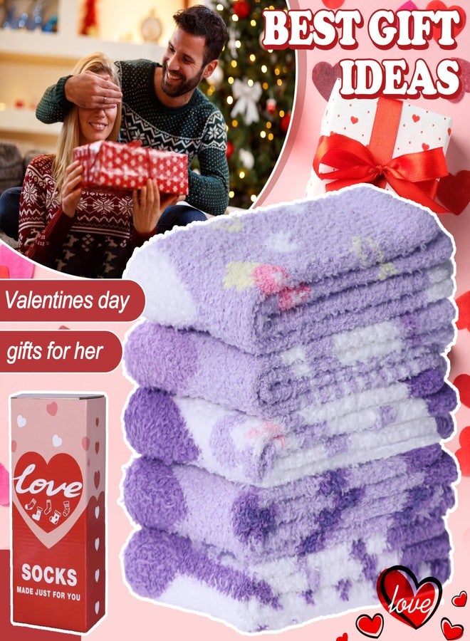 LANLEO Fuzzy Socks for Women Fluffy Slipper Winter Warm Soft Cozy Microfiber Plush Sleeping Heart Socks 5 Pairs Purple Heart - Image 3