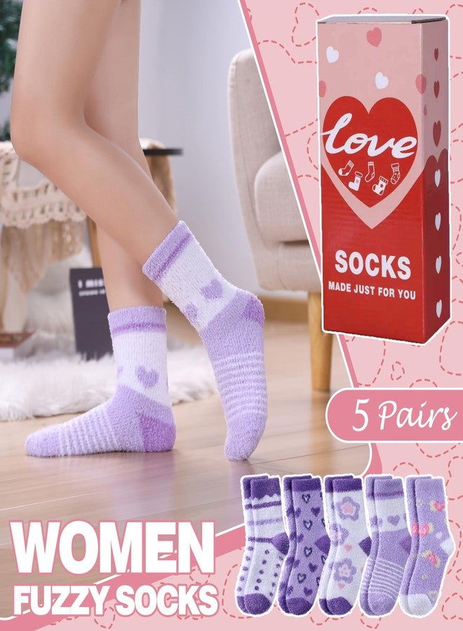 LANLEO Fuzzy Socks for Women Fluffy Slipper Winter Warm Soft Cozy Microfiber Plush Sleeping Heart Socks 5 Pairs Purple Heart - Image 2