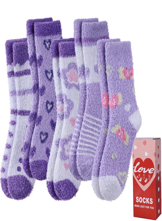 LANLEO Fuzzy Socks for Women Fluffy Slipper Winter Warm Soft Cozy Microfiber Plush Sleeping Heart Socks 5 Pairs Purple Heart - Image 1