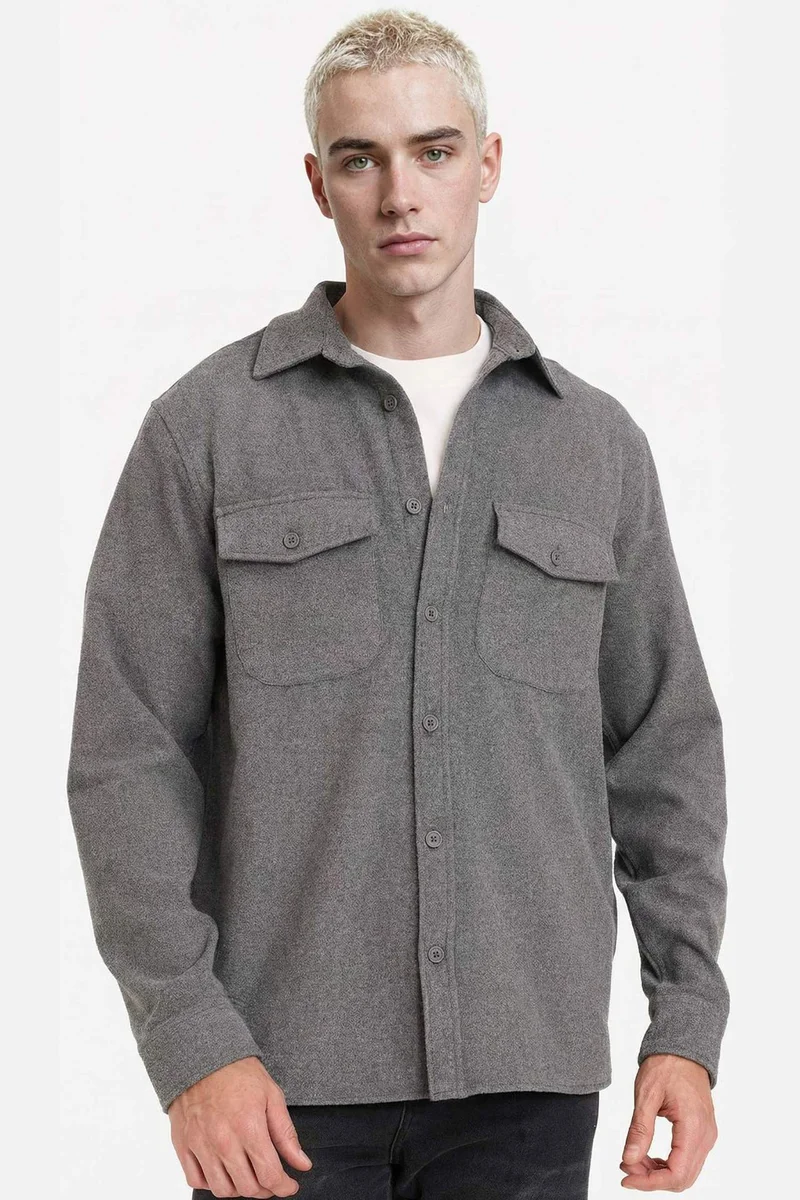 ديفاكتو Regular Fit Long Sleeve Wool Look Shirt
