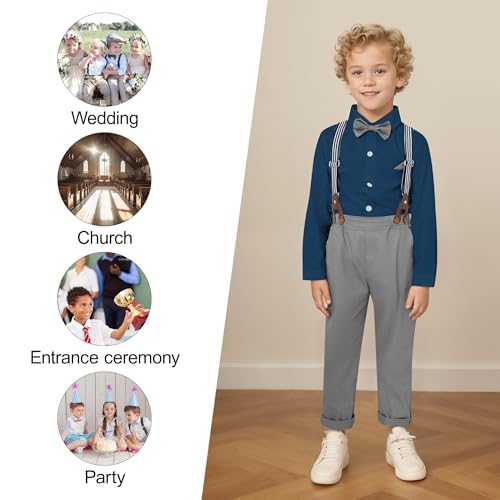 CARETOO Toddler Boy Dress Clothes 5T Valentines Outfit Ring Bearer Wedding Guest Suit Little Boys Church Clothes Birthday Photo Shirt Tie and Dress Pants Sets 4t Dark Blue - Image 3
