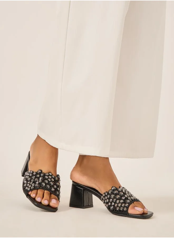 Styli Embellished Wide Strap Block Heel Sandals
