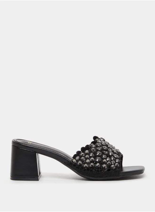 Styli Embellished Wide Strap Block Heel Sandals