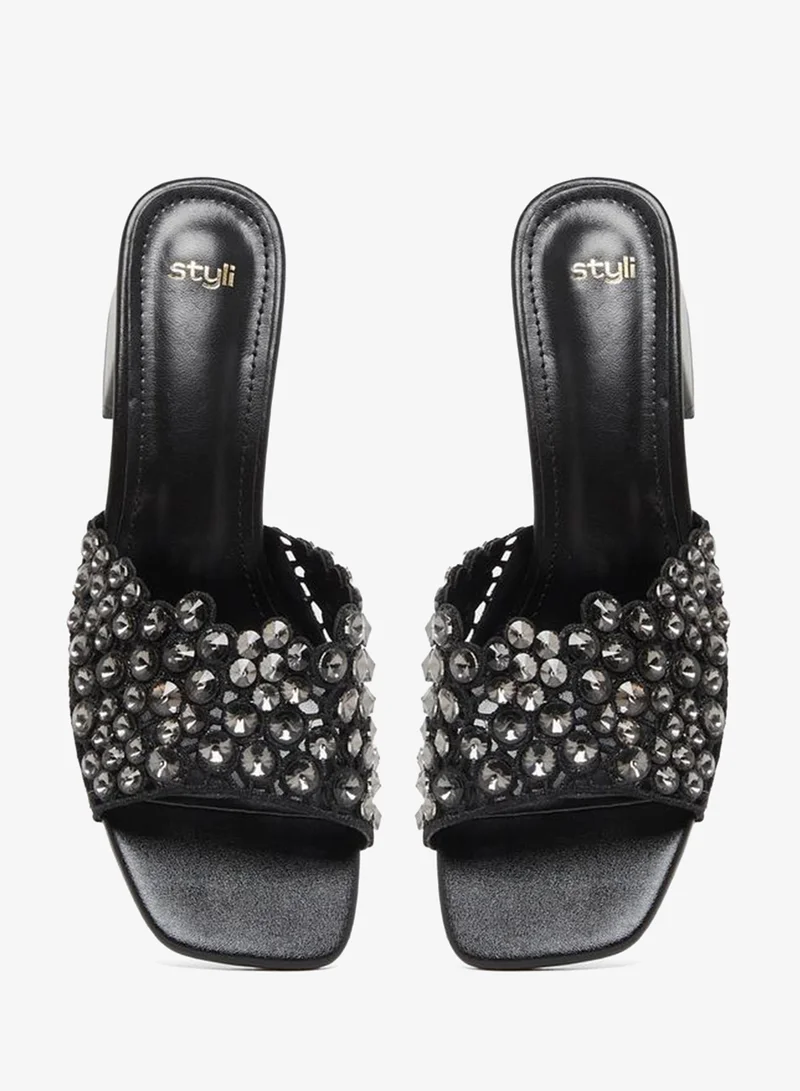 Styli Embellished Wide Strap Block Heel Sandals