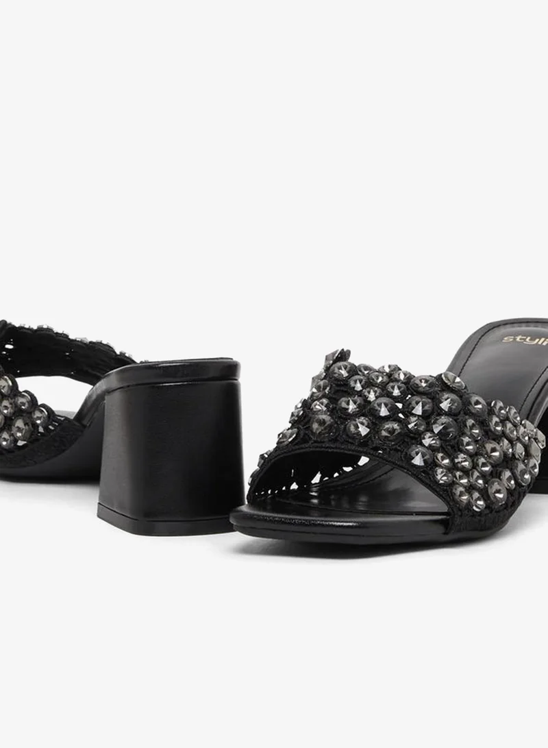 Styli Embellished Wide Strap Block Heel Sandals