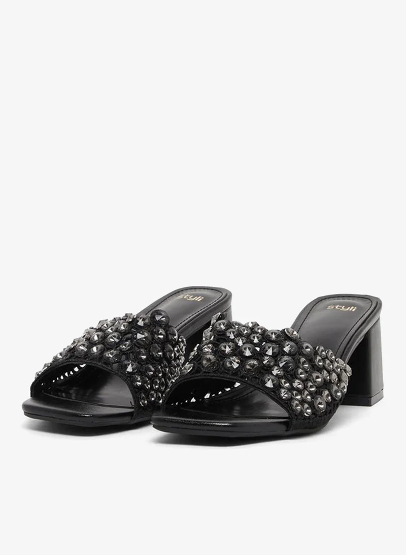 Styli Embellished Wide Strap Block Heel Sandals