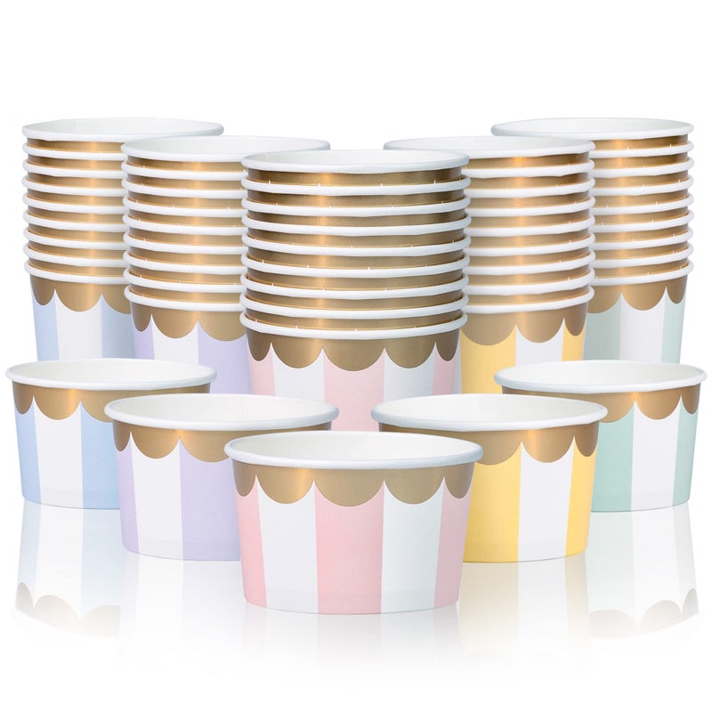 Confettiville Paper Ice Cream Cups 50Count 55Oz Disposable Dessert Bowls for Hot or Cold Food 55Ounce Party Supplies Treat Cups 5 Colors Pastel Stripes with Scalloped Gold Foil
