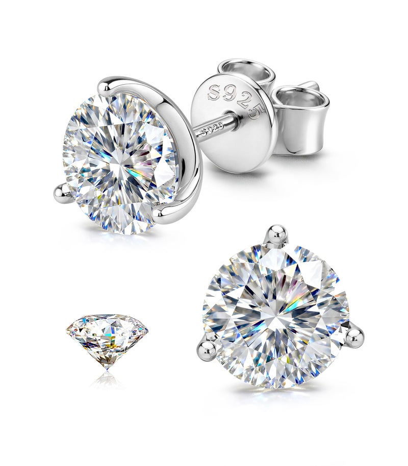 GEMQUEEN Moissanite Earrings Studs for Men Women - 18K White Gold Plated Solid 925 Sterling Silver Stud Earring Mens Moissanite Jewelry Hypoallergenic for Sensitive Earrings Brilliant Round Cut 3ct - Image 1