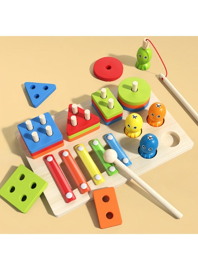 3-in-1 Wooden Educational Toy – Shape & Color Sorting, Xylophone, Fishing Game, Montessori Toy for Boys and Girls Ages 1-3 – Interactive Learning Gift for Toddlers and Preschool Kids