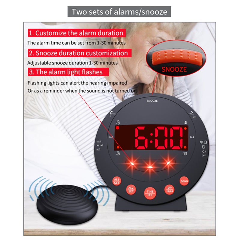 Loud Alarm Clock with Bed Shaker Vibrating Alarm Clock with Flash Light Brightness Adjustable Snooze Dual Alarm Setting USB Charger Port LED Digital Display for Heavy Sleepers Adults Kids Teenager - Image 4
