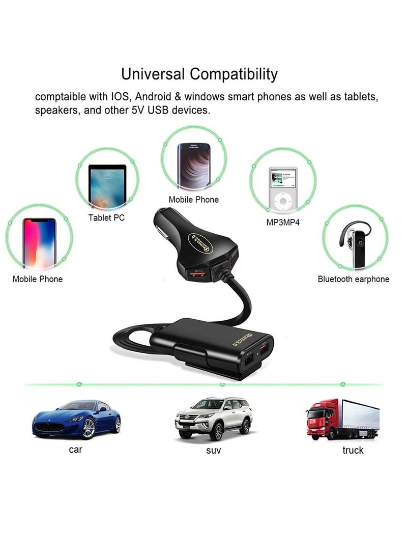 كابتن تيك 4 in 1 QC 3.0 Quick Charge, 60W USB Car Charger 12A Compatible with Android iOS Smartphones USB Device Front/Back Seat 5.6Ft Extension Cable 4 USB Ports Vehicle Charger (Black) - Image 3