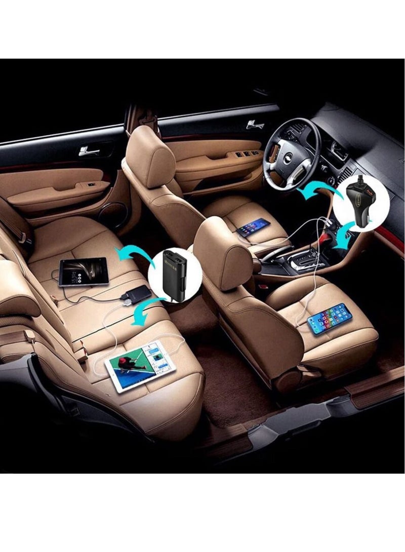 كابتن تيك 4 in 1 QC 3.0 Quick Charge, 60W USB Car Charger 12A Compatible with Android iOS Smartphones USB Device Front/Back Seat 5.6Ft Extension Cable 4 USB Ports Vehicle Charger (Black) - Image 4