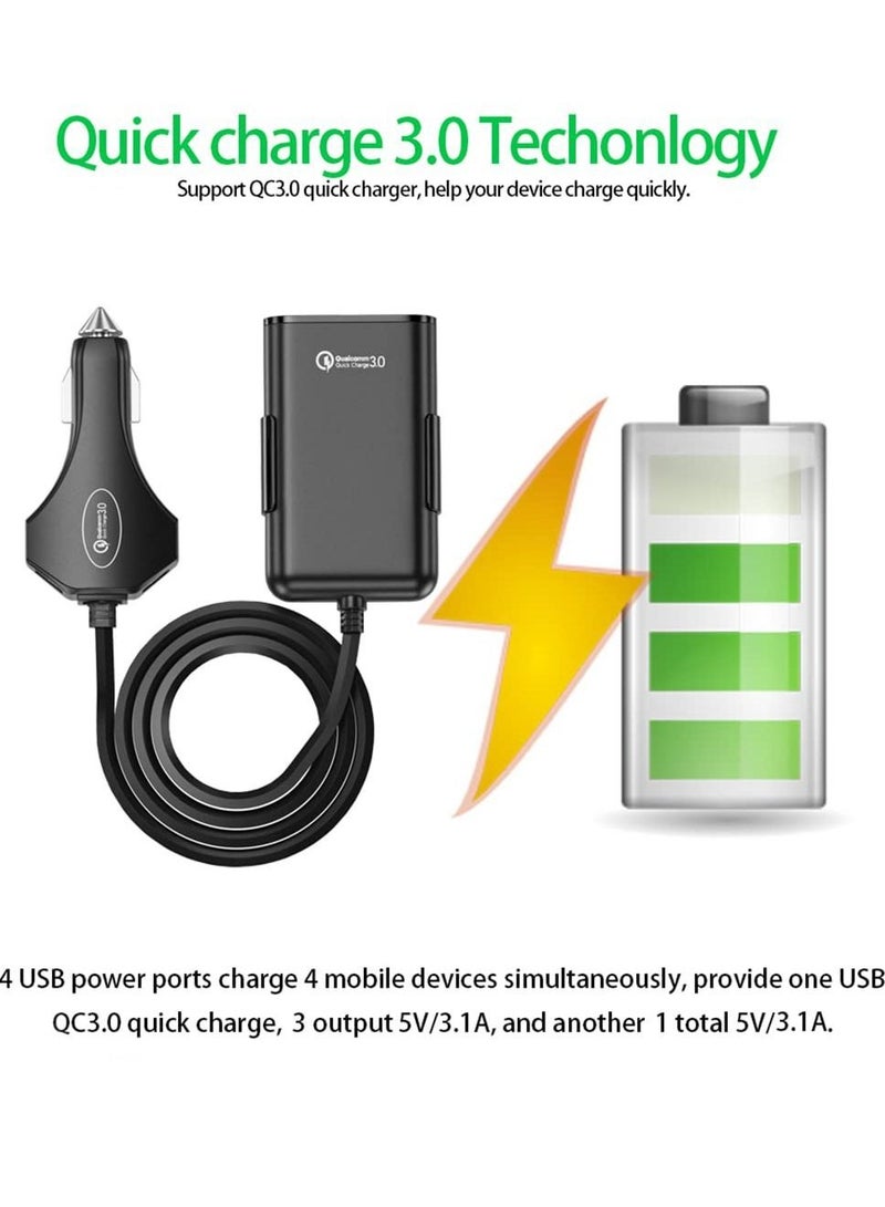 كابتن تيك 4 in 1 QC 3.0 Quick Charge, 60W USB Car Charger 12A Compatible with Android iOS Smartphones USB Device Front/Back Seat 5.6Ft Extension Cable 4 USB Ports Vehicle Charger (Black) - Image 5