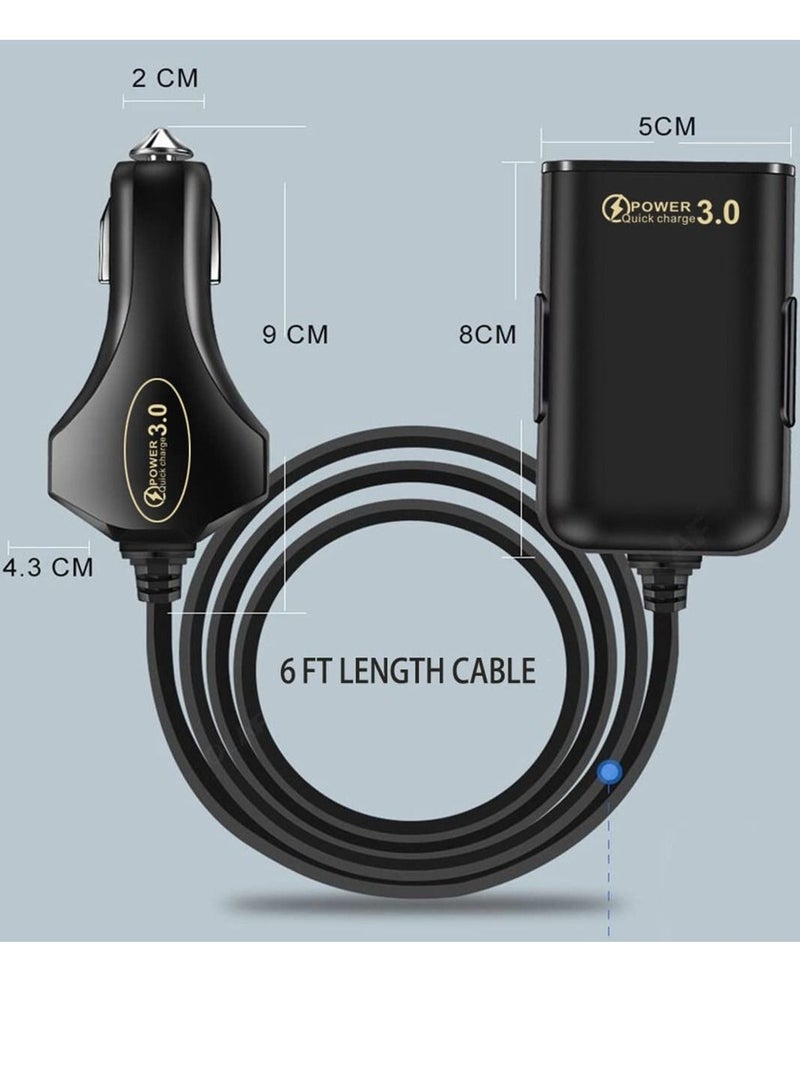 كابتن تيك 4 in 1 QC 3.0 Quick Charge, 60W USB Car Charger 12A Compatible with Android iOS Smartphones USB Device Front/Back Seat 5.6Ft Extension Cable 4 USB Ports Vehicle Charger (Black) - Image 2