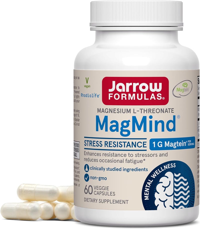 Jarrow Formulas Magnesium LThreonate MagMind Stress Resistance with LTheanine and Rhodiolife High Absorption Magnesium Stress Relief and Mood Support 60 Veggie Capsules Up to a 30 Day Supply - Image 1