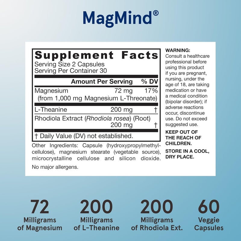 Jarrow Formulas Magnesium LThreonate MagMind Stress Resistance with LTheanine and Rhodiolife High Absorption Magnesium Stress Relief and Mood Support 60 Veggie Capsules Up to a 30 Day Supply - Image 3