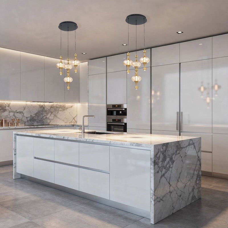 DANUBE HOME Gloss 5Pc Set Pendant Lamp Contemporary Pendant Lamps Hanging Lanterns Built in LED Modern Design Indoor Lighting For Dining Room Living Room L42xW42xH150cm-Brass Gold - Image 2