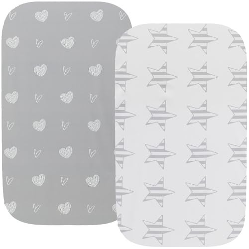 Fadacudan Waterproof Bassinet Sheets, No Need for Bassinet Mattress Pad Cover, 2 Pack Stretch Jersey Knit Super Soft fit for Cradle Oval Rectangle Hourglass Mattress Grey Love & Stars - Image 1