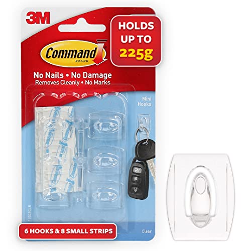 Command 3M Command Clear Mini Wall Hooks, holds 225gms, no paint damage, Holds Strongly, Adhesive hooks for wall, Reusable, Multi-surface (Transparent, 6 hooks, 8 strips) - Image 1