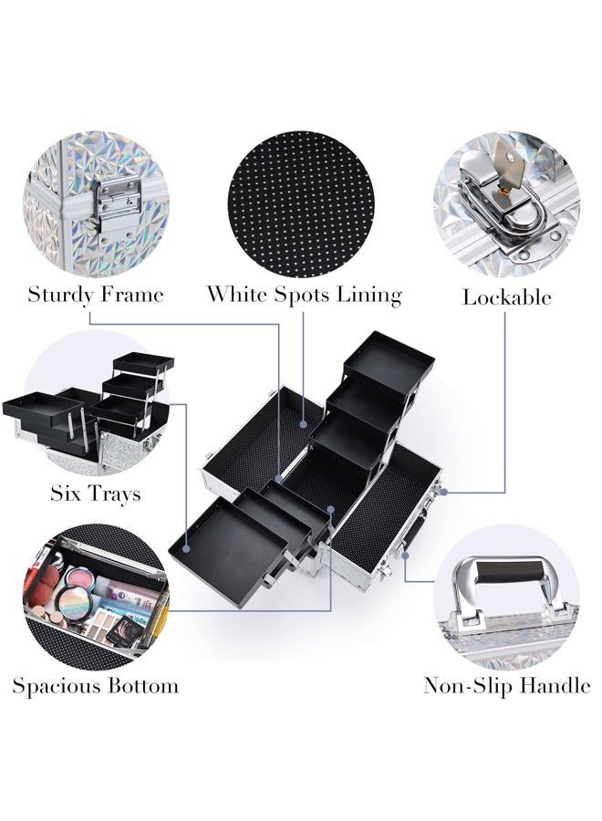 FRENESSA Makeup Case Cosmetic Organizer Case Extra Large 12 Inch 6 Trays Portable Makeup Organizer Case Make Up Carrying Box with Lockable for Esthetician Nail Students Craft Travel Glitter Silver - Image 4