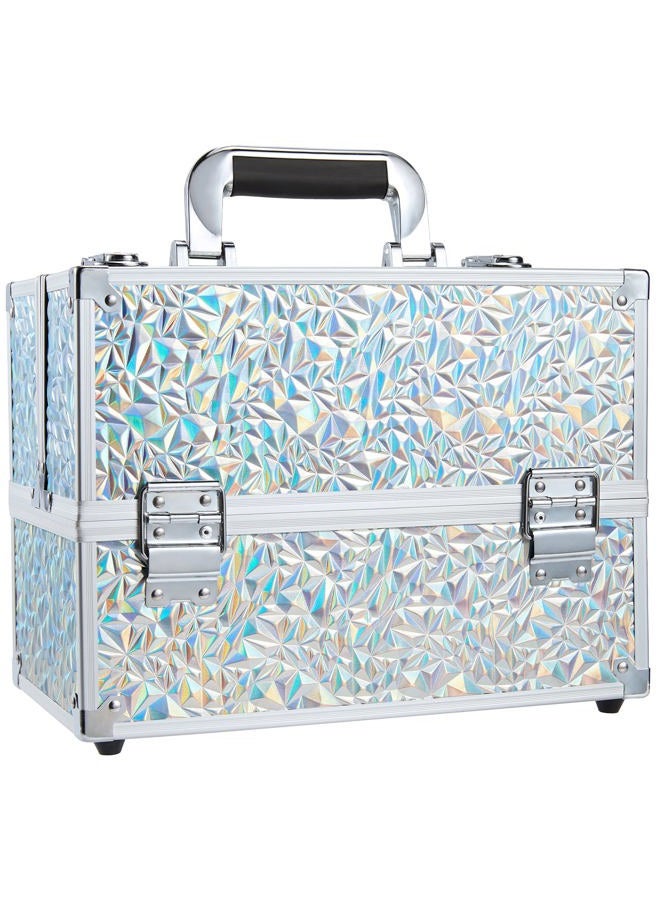 FRENESSA Makeup Case Cosmetic Organizer Case Extra Large 12 Inch 6 Trays Portable Makeup Organizer Case Make Up Carrying Box with Lockable for Esthetician Nail Students Craft Travel Glitter Silver - Image 1
