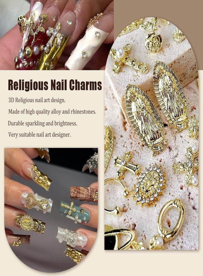 LCiclly 3D Cross Nail Charms,Gold Flat Back Nail Pearls Beads for Crafting,Cute Nail Charms Y2k Rhinestones Jewelry for Nail Art Flower Virgin Mary Religious Charms Gems Bulk Nail Chains (Gold) - Image 4