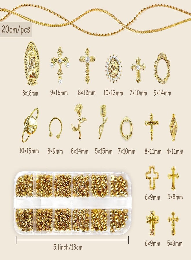 LCiclly 3D Cross Nail Charms,Gold Flat Back Nail Pearls Beads for Crafting,Cute Nail Charms Y2k Rhinestones Jewelry for Nail Art Flower Virgin Mary Religious Charms Gems Bulk Nail Chains (Gold) - Image 3